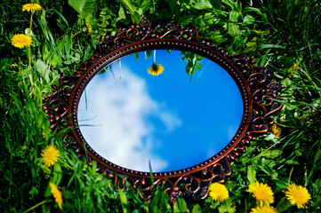 Reflections of the blue sky in the mirror on the green grass.