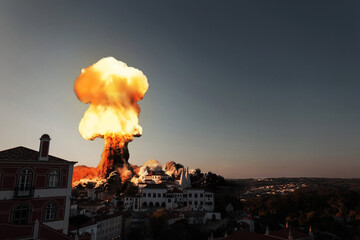 Atomic explosion in the city. World War 3. Explosion of a hydrogen bomb with a nuclear mushroom....