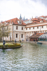 fointain amid pond and palace buildings - Waldstein Garden, Mala Strana, Prague, Czech Republik