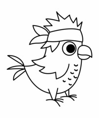 Vector black and white pirate parrot icon. Cute line sea bird illustration. Treasure island hunter in bandana. Funny pirate party element for kids. Tropic animal picture or coloring page.