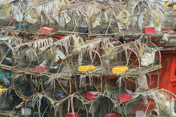 Equipments are on fisher boat make from bamboo and common style, The equipment use catch fishes in the sea, Chonburi Province, Thailand.