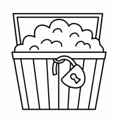 Black and white treasure chest icon. Pirate wooden coffer with jewelry and lock. Treasure island line element or coloring page isolated on white background. Old closed wood box picture.