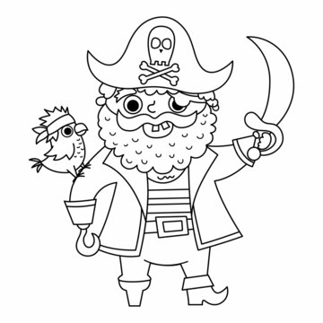 Vector black and white pirate icon. Cute line sea captain illustration. Treasure island hunter with beard, parrot, sward, cocked hat. Funny outline pirate party element or coloring page for kids.