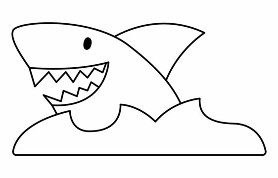 Vector black and white shark and water icon. Cute sea animal illustration. Treasure island hunter picture. Funny pirate party line element or coloring page for kids. Scary fish picture.