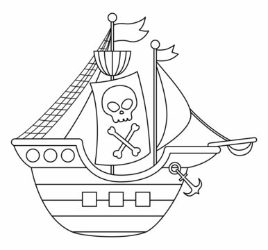 Vector black and white pirate ship icon. Cute sea vessel illustration. Line treasure island hunter boat with sails, scull and crossed bones. Funny pirate party element or coloring page for kids.