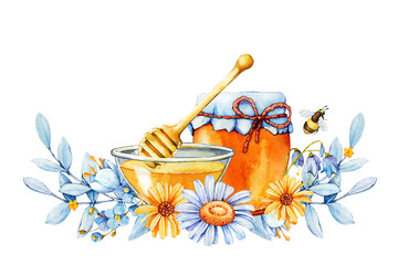 Jar of jam, honey, a beekeeping product isolated on white background. Close-up watercolor illustration. Packaging and wrapping design for honey, food industry, beekeeper