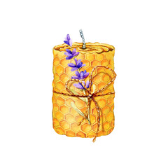 Wax honey candle with lavender flower. Hand drawn watercolor illustration isolated on white background