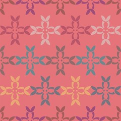 Vector seamless repeat pattern with curved geometric shapes in muted multicolor on coral pink