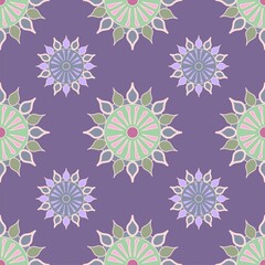 Purple, pink and green geometric shapes vector repeat pattern with circles and teardrop shapes