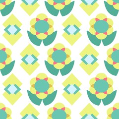 Yellow and green colorful vector seamless repeat floral graphic pattern with decorative diamond shapes