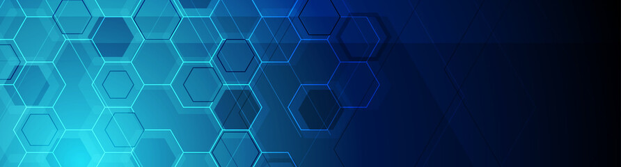 Obraz na płótnie Canvas Bright blue abstract tech hexagonal geometrical background. Vector banner design