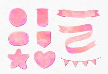 watercolor pink  banner stickers, ribbon, label, flat, blank simple clip art set