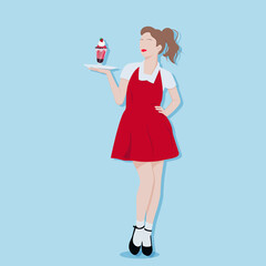 waitress in a red dress and with a tray