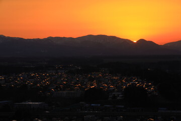 岩手県北上市　夕焼けの北上市街地