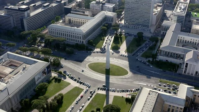 Aerial view of the Obelisk of Marconi, also known as Obelisk of EUR. This obelisk is located in Rome, Italy.