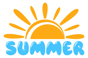 Summer text with stylish sun. Hand drawn lettering with decorative element isolated on white background. Vector illustration for print, card, poster, banner, package, sticker, icon ets