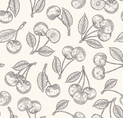 Cherry seamless pattern on a beige background. Cherry sketch. Ripe cherry. Summer fruit background. Great for labels, posters, print.