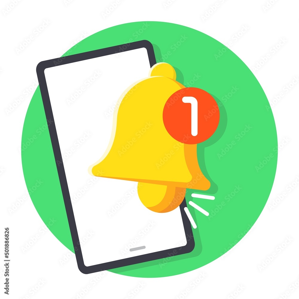 Aufkleber smartphone with notification bell 1 on a green circle background. mobile notification concept. flat 
