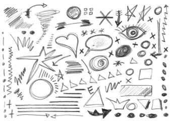 Set hand drawn different shapes and symbols isolated on white