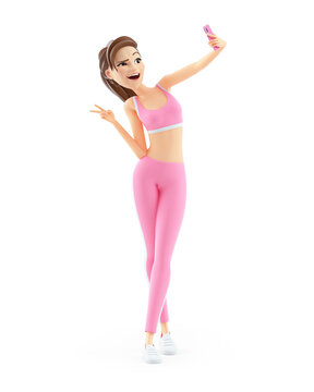 3d sporty woman taking selfie on mobile phone