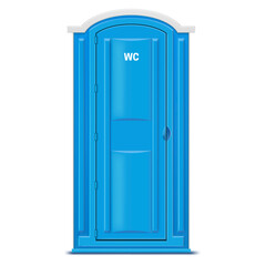 Realistic blue dry water closet cabin front view vector bio toilet outdoor plastic lavatory stall
