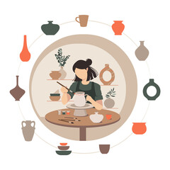 Potter girl. A woman sculpts a clay vase behind a potter's wheel.