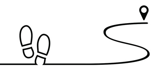 Footpath walking, trail route with shoe. Pin location logo. Pointer or point trekking route Vector footprint logo. Footsteps silhouette pictogram or icon. track, foot steps symbol.  