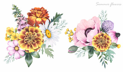 Watercolor illustrations. Summer flowers, poppies, daisies on a white background. Bouquet of flowers. 