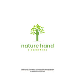 hand with leaf logo design illustration, natural hand logo design modern concept