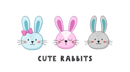 Obraz na płótnie Canvas Cute rabbit faces with text. Little bunnies in cartoon style. Vector illustration.