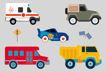 Side view of five cars, suv, ambulance, school bus, supercar and truck cute illustration