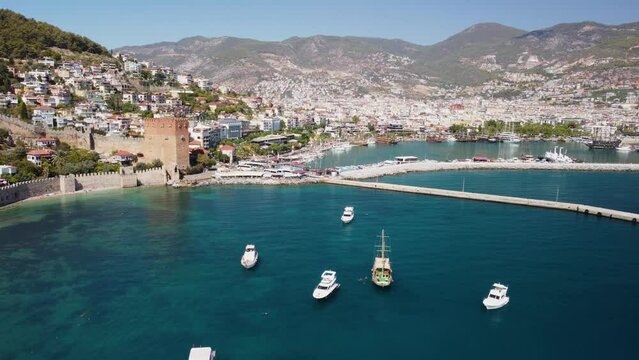 The Kizil Kule (Red Tower) and Alanya Marina in Turkey