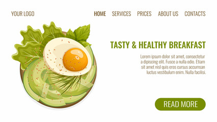 Tasty and healthy breakfast, vector illustration of boiled egg, hinese cabbage, avocado, dill, mint and sesame on bread. Banner, poster, website home page design for restaurant menu, cooking