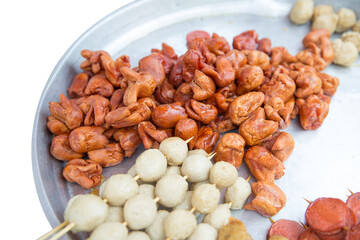 Top view of Fried fish balls in a pan with hot oil, focus selective