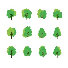 Set of collection tree icons. Flat set of tree vector icons on white background