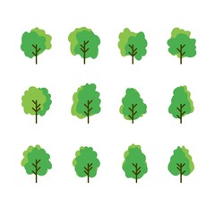 Set of collection tree icons. Flat set of tree vector icons on white background