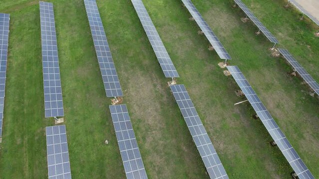Aerial shot top view of solar panel photovoltaic farm