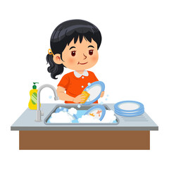 A little girl washing the dishes in the kitchen. Concept of a child assisting parents with housekeeping. Vector Illustration