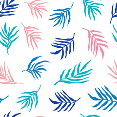 Fototapeta na wymiar Seamless pattern background with colorful summer palm leaves silhouette. Caribbean American, Pacific Islander Heritage month cute vector background, backdrop, template design.