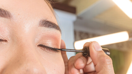 Closeup of applying liquid eyeliner to an asian woman. Professional makeup techniques.