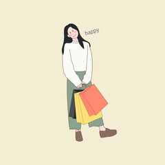 woman cartoon characters illustrations holding bag shopping, minimal style