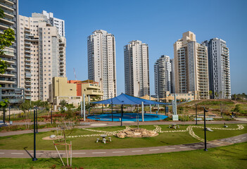 Fototapeta na wymiar Landscape of newly open park over residential buildings in Petah Tikva, Israel.