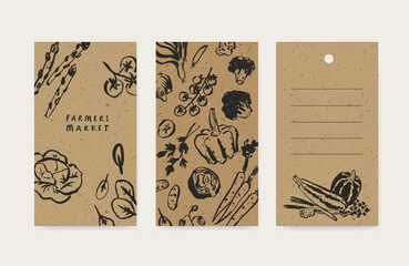 Farmer’s market card design template, vegetable drawing, harvest festival invitation, product tag	
