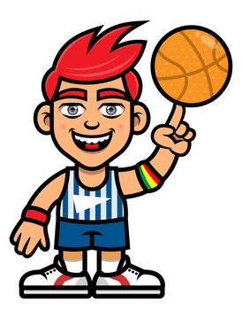 Cartoon illustration of Boy wearing basketball jersey, play juggling basketballs, best for mascot, logo, and sticker with basketball competition themes