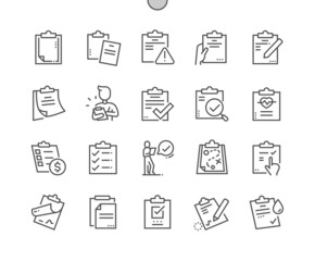 Clipboard. Contract, results, checklist. Page, list, paper and document. Pixel Perfect Vector Thin Line Icons. Simple Minimal Pictogram - obrazy, fototapety, plakaty