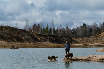 Obraz na płótnie Canvas Caucasian man travels with two dogs. Human stands on small sandy island among river water and looks into distance. German and Australian Shepherd dogs are nearby. Sand quarry.