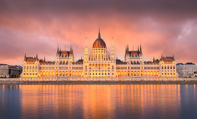 Hungarian Parliament building at sunrise in Budapest, Hungary