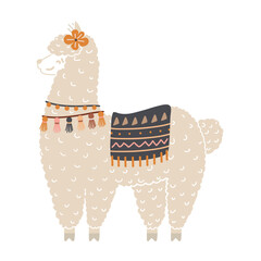 Cute character concept in cartoon style. Kind llama with a flower in Mexican and boho style in a pastel palette. Design for a children's party, website, poster, invitation, children's, clothing. © Dasha Biryulina