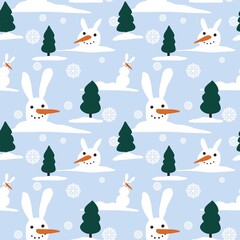 Winter seamless snowman rabbit pattern for fabrics and packaging and gifts and cards and kids and wrapping paper