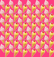 Waffle cones with strawberry ice cream scoops and frozen yogurt pattern